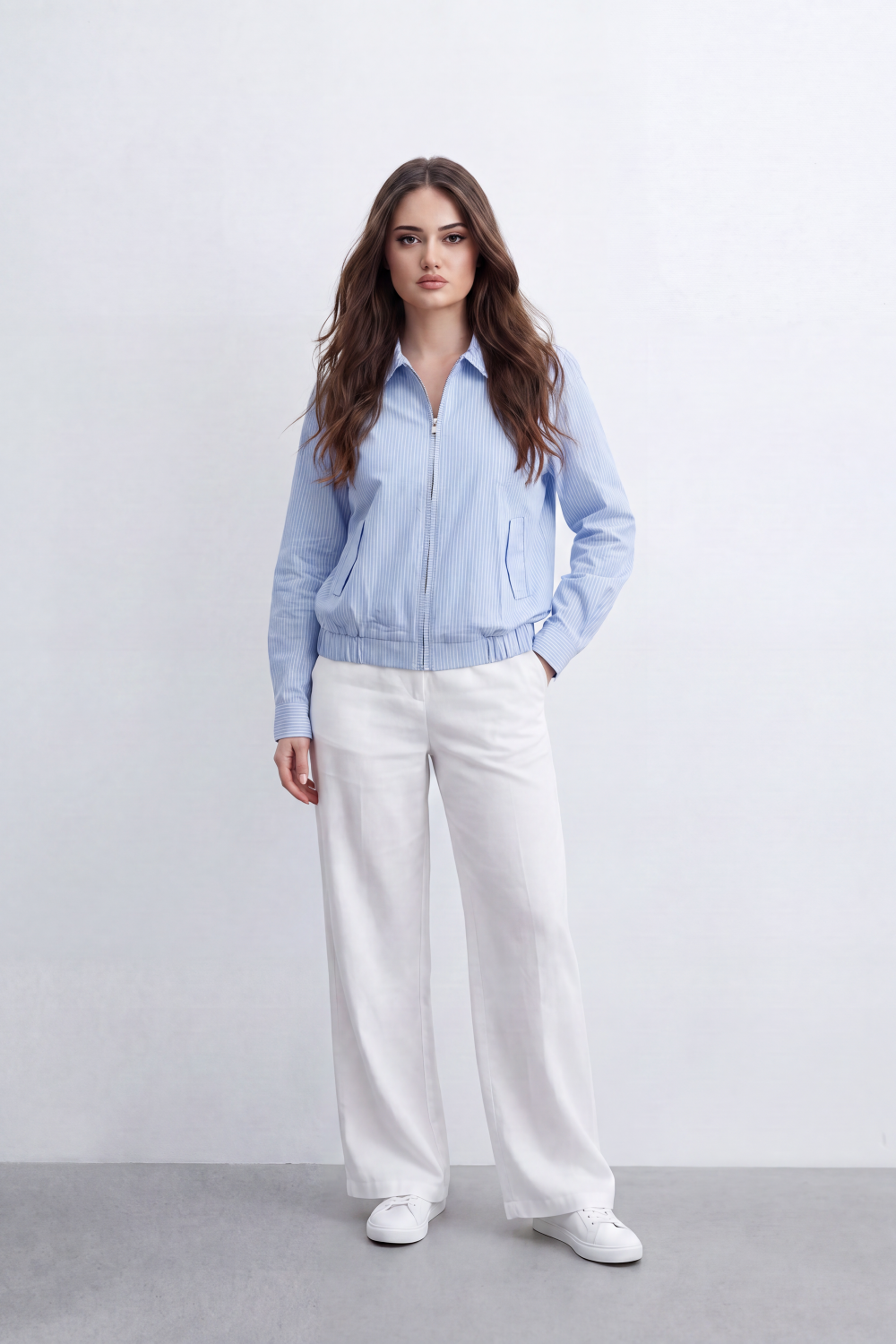 Women’s Tomato Store Stripe Zip Blouse Fine Vertical Stripe Pattern Front Zip Slant Pockets Gathered Hem Cropped Shape