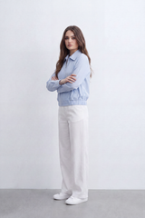 Women’s Tomato Store Stripe Zip Blouse Fine Vertical Stripe Pattern Front Zip Slant Pockets Gathered Hem Cropped Shape
