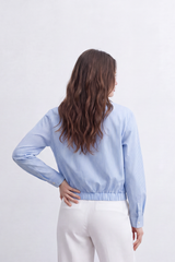 Women’s Tomato Store Stripe Zip Blouse Fine Vertical Stripe Pattern Front Zip Slant Pockets Gathered Hem Cropped Shape