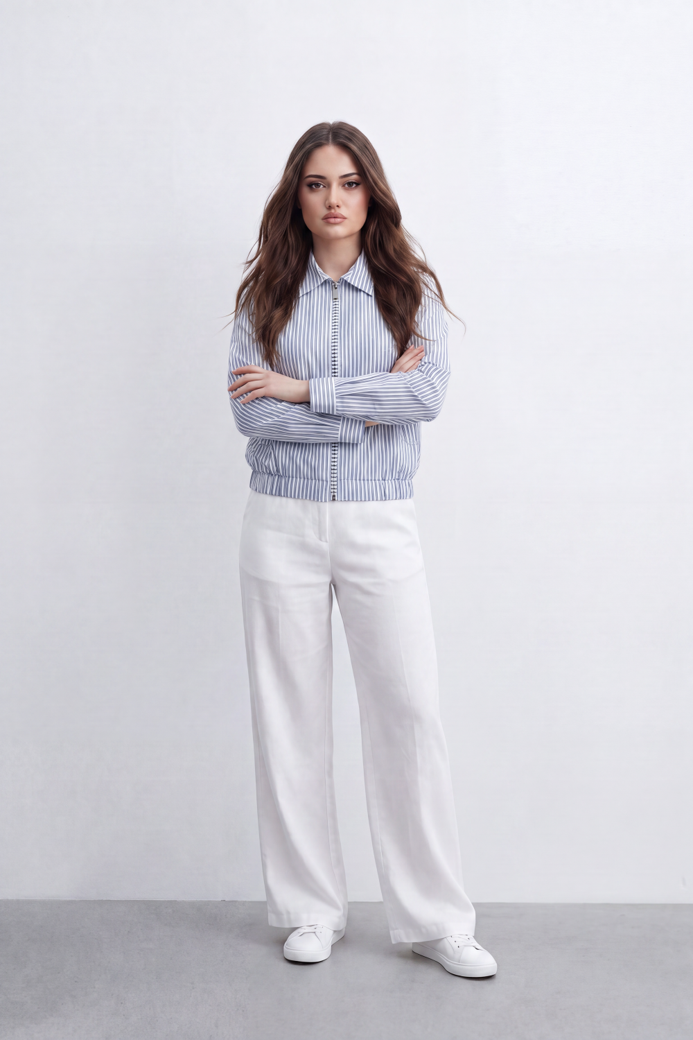 Women’s Tomato Store Stripe Zip Blouse Fine Vertical Stripe Pattern Front Zip Slant Pockets Gathered Hem Cropped Shape