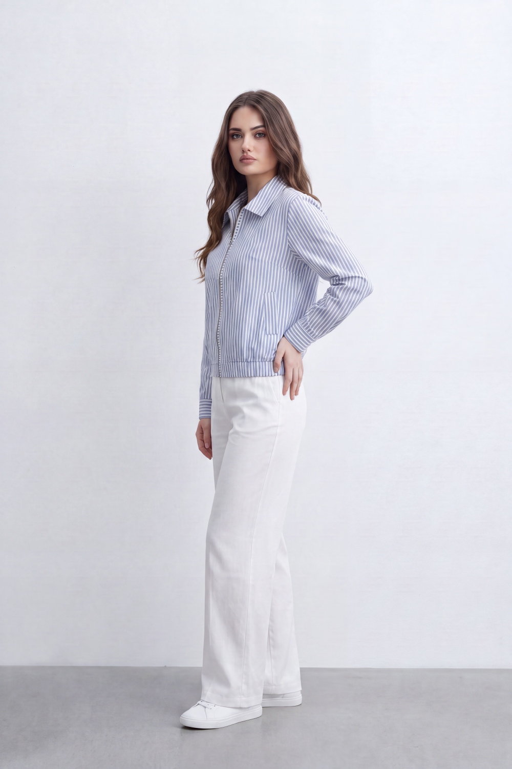 Women’s Tomato Store Stripe Zip Blouse Fine Vertical Stripe Pattern Front Zip Slant Pockets Gathered Hem Cropped Shape