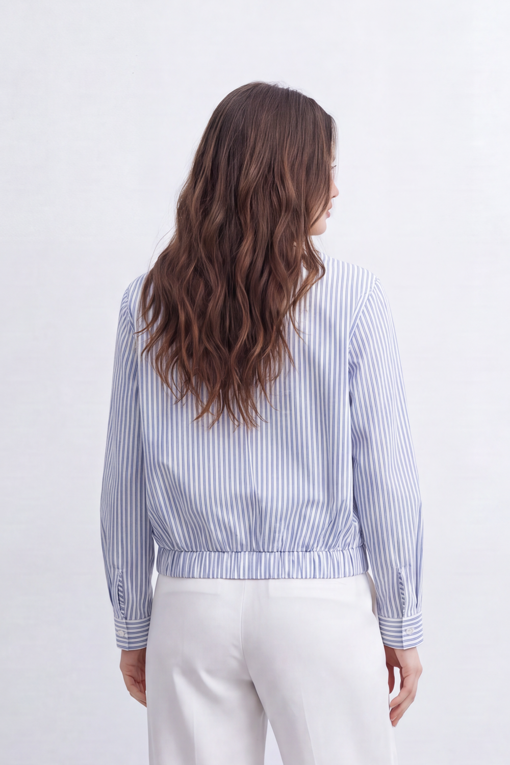 Women’s Tomato Store Stripe Zip Blouse Fine Vertical Stripe Pattern Front Zip Slant Pockets Gathered Hem Cropped Shape