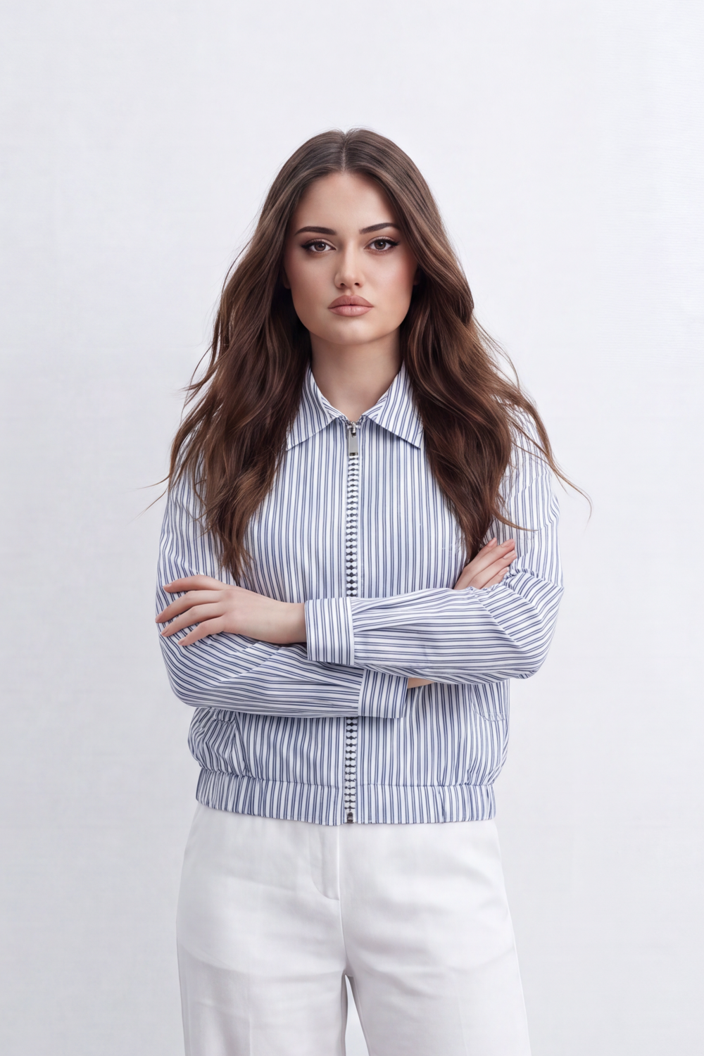 Women’s Tomato Store Stripe Zip Blouse Fine Vertical Stripe Pattern Front Zip Slant Pockets Gathered Hem Cropped Shape