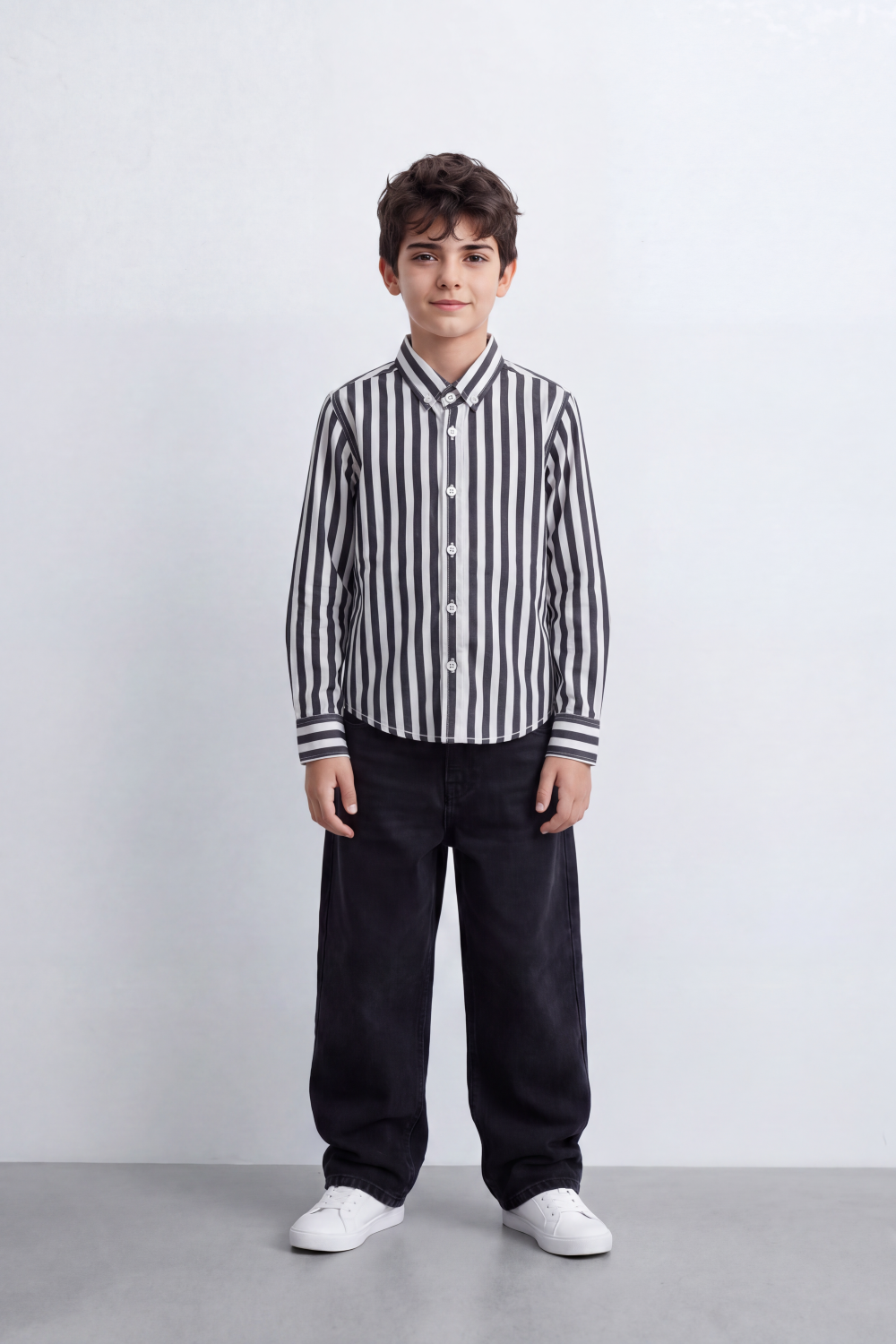 Boy's Tomato Store Crisp Cotton Poplin Shirt Bold Vertical Stripe Design Long Sleeve
