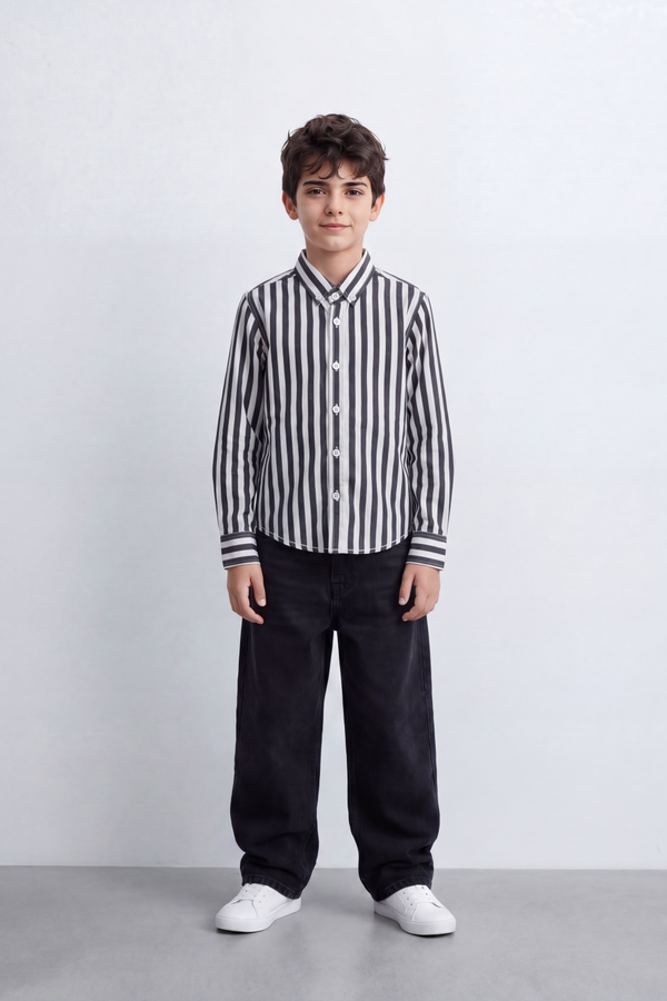 Boy's Tomato Store Crisp Cotton Poplin Shirt Bold Vertical Stripe Design Long Sleeve