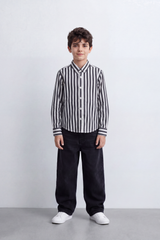 Boy's Tomato Store Crisp Cotton Poplin Shirt Bold Vertical Stripe Design Long Sleeve