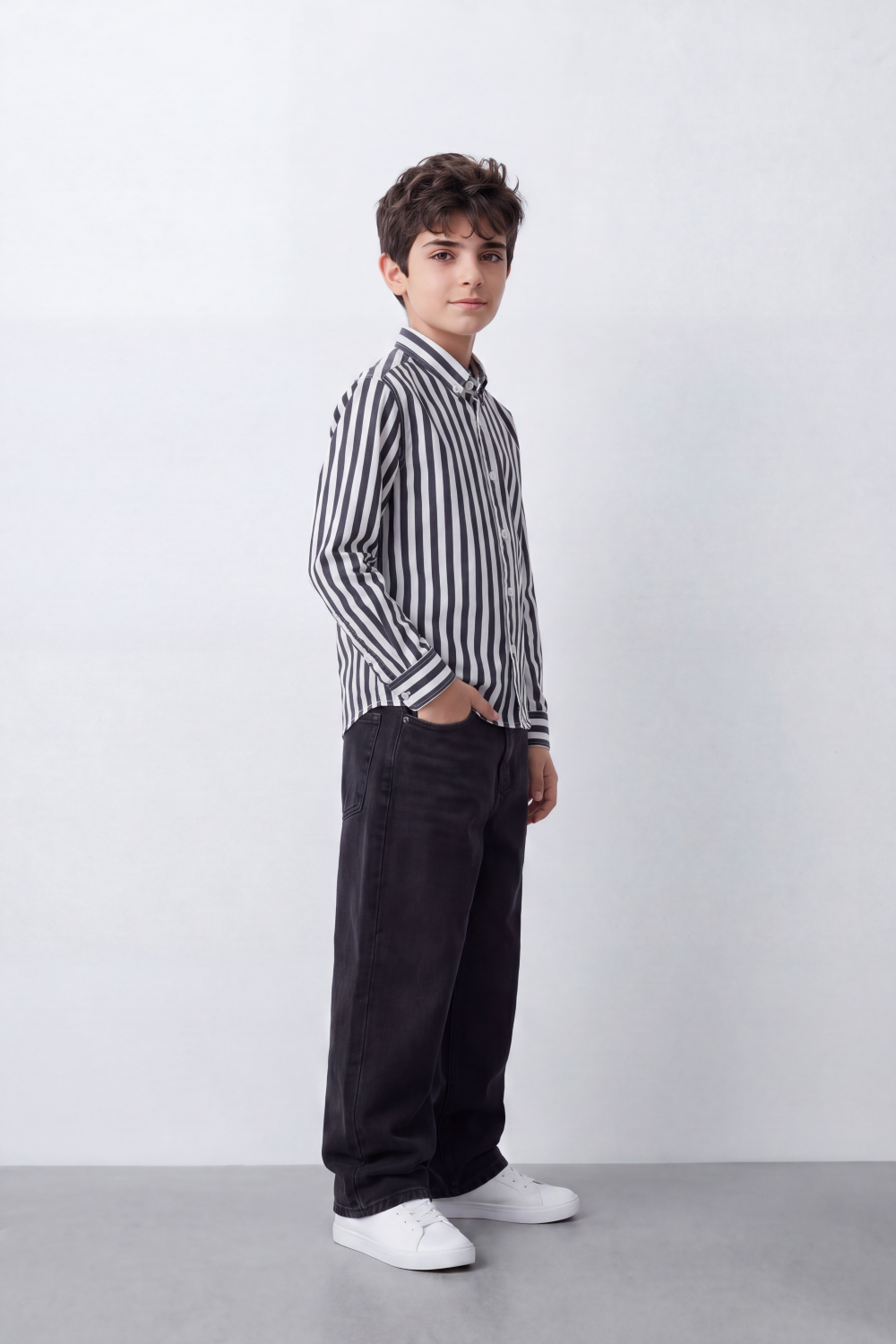 Boy's Tomato Store Crisp Cotton Poplin Shirt Bold Vertical Stripe Design Long Sleeve