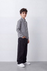 Boy's Tomato Store Crisp Cotton Poplin Shirt Bold Vertical Stripe Design Long Sleeve