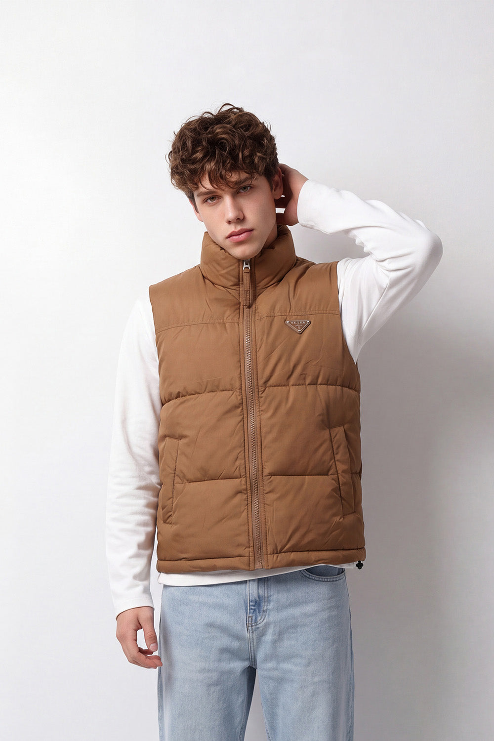 Men's Tomato Store Winter Puffer Vest Sleeveless High Neck Full-Zip Front Chest Badge Detail Waterproof