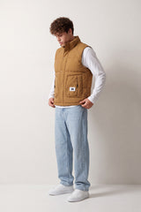 Men's Tomato Store Padded Vest Sleeveless High Neck Snap Zip Front Large Patch Pockets Logo Badge Detail