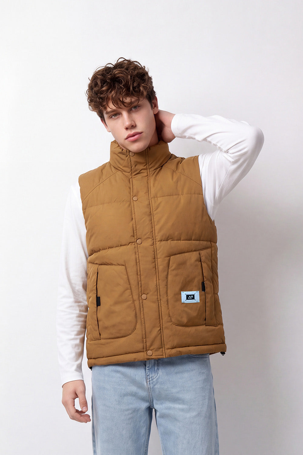 Men's Tomato Store Padded Vest Sleeveless High Neck Snap Zip Front Large Patch Pockets Logo Badge Detail