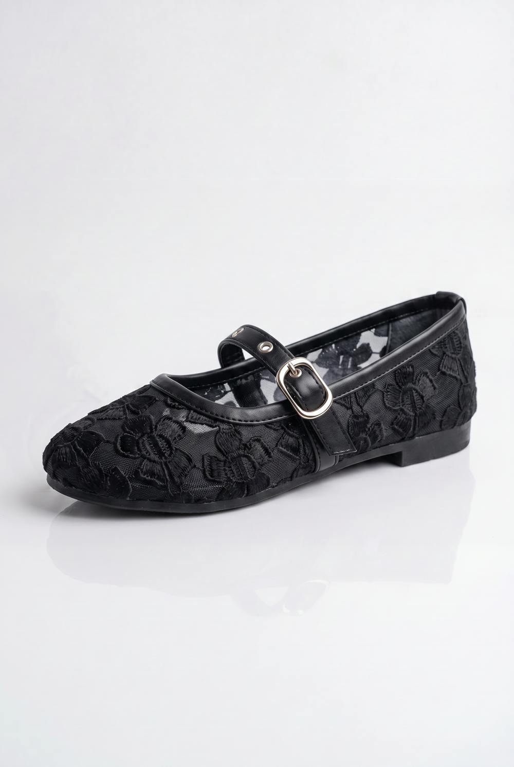 Women’s Tomato Store Lace Ballet Flats Shoes Delicate Floral Embroidery Mary Jane Strap Low Heel Design