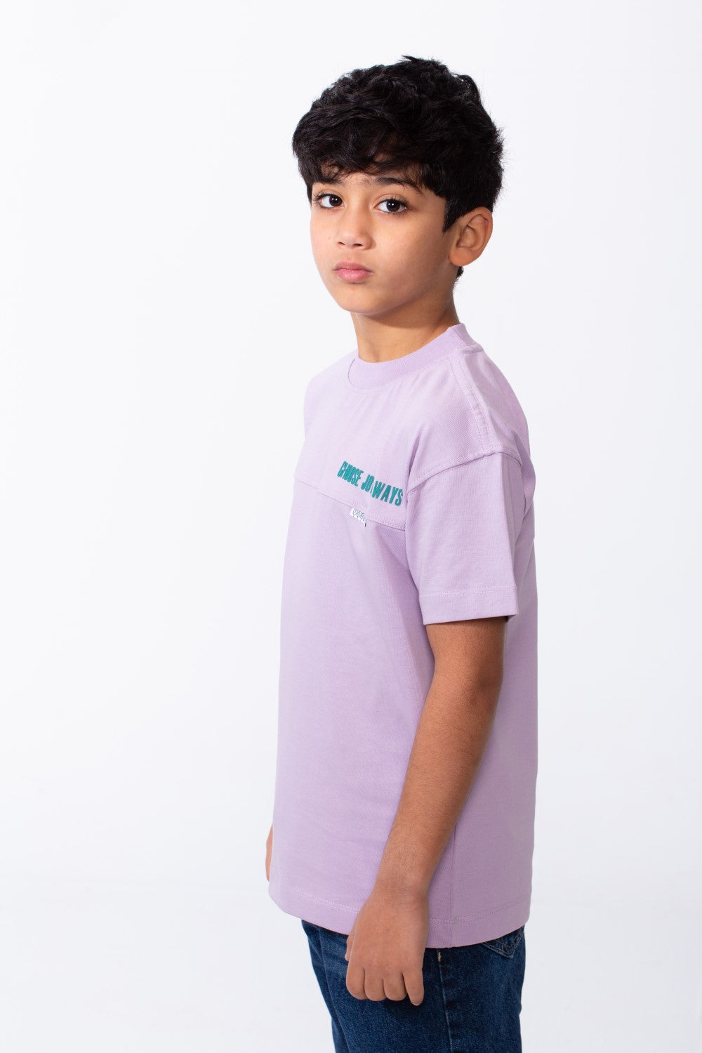 Boy's Ribbed Crew Neck Chest Visible Stitching Line Text Print Practical All Day Slim Fit Tomato Store T-Shirt