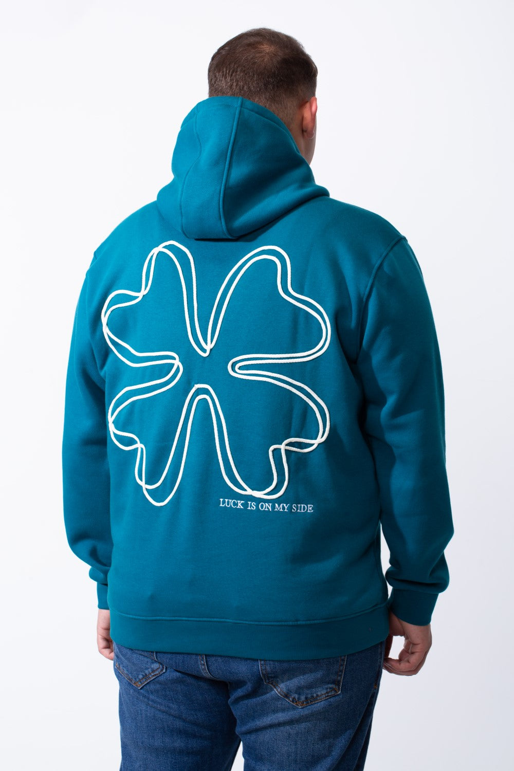 Men's Big Size Tomato Store Kangaroo Pocket Four-Leaf Clover Outline Back Print With Hood Long Sleeves Sweatshirt