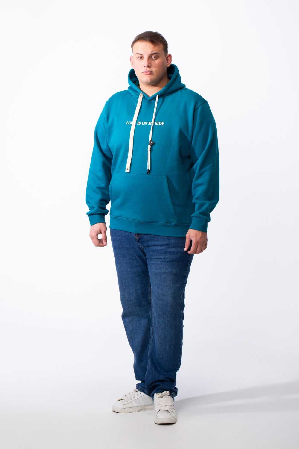 Men's Big Size Tomato Store Kangaroo Pocket Four-Leaf Clover Outline Back Print With Hood Long Sleeves Sweatshirt
