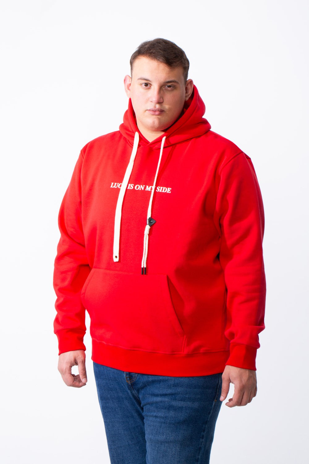 Men's Big Size Tomato Store Kangaroo Pocket Four-Leaf Clover Outline Back Print With Hood Long Sleeves Sweatshirt