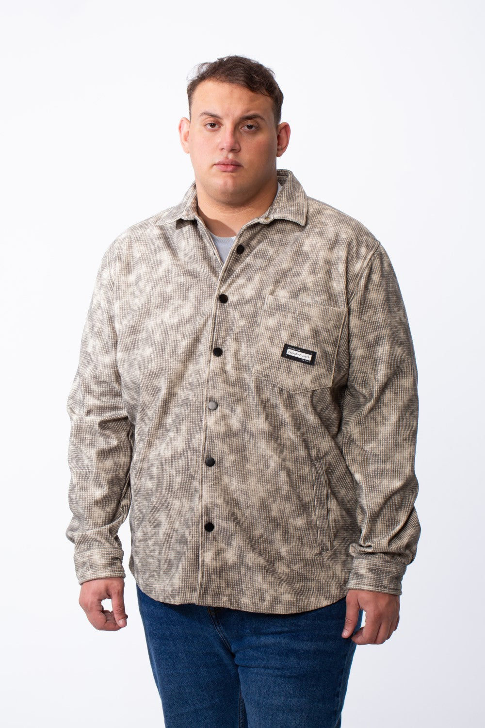 Men's Tomato Store Big Size Acid-Wash Pattern Textured Grid Fabric Classic Collar Full Front Snap Button Closure Practical Chest Pocket Shirt