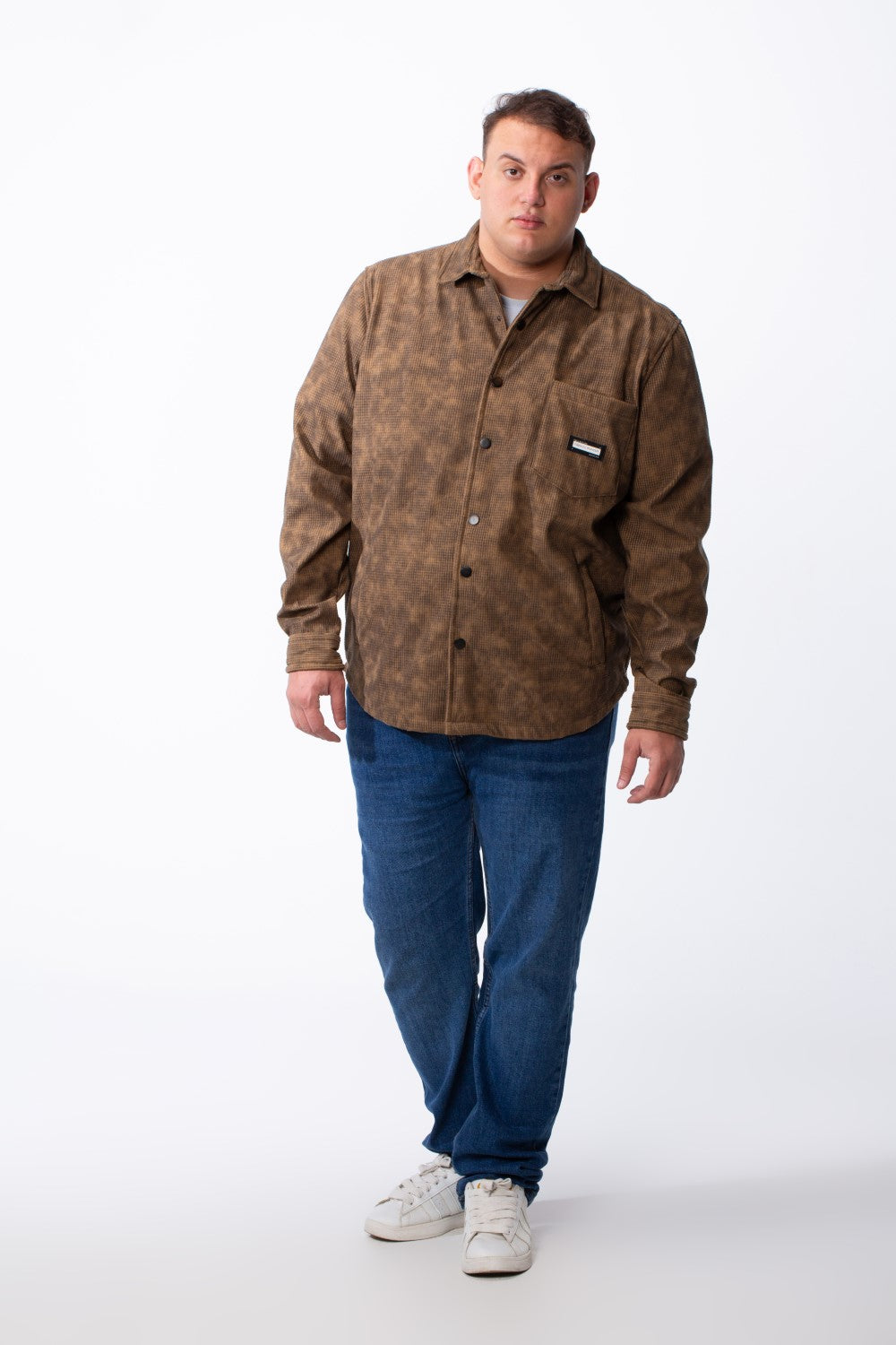 Men's Tomato Store Big Size Acid-Wash Pattern Textured Grid Fabric Classic Collar Full Front Snap Button Closure Practical Chest Pocket Shirt