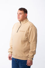 Men's Half Zip Big Size Back And Chest Text Print Melton Two Side Strip Sweatshirt