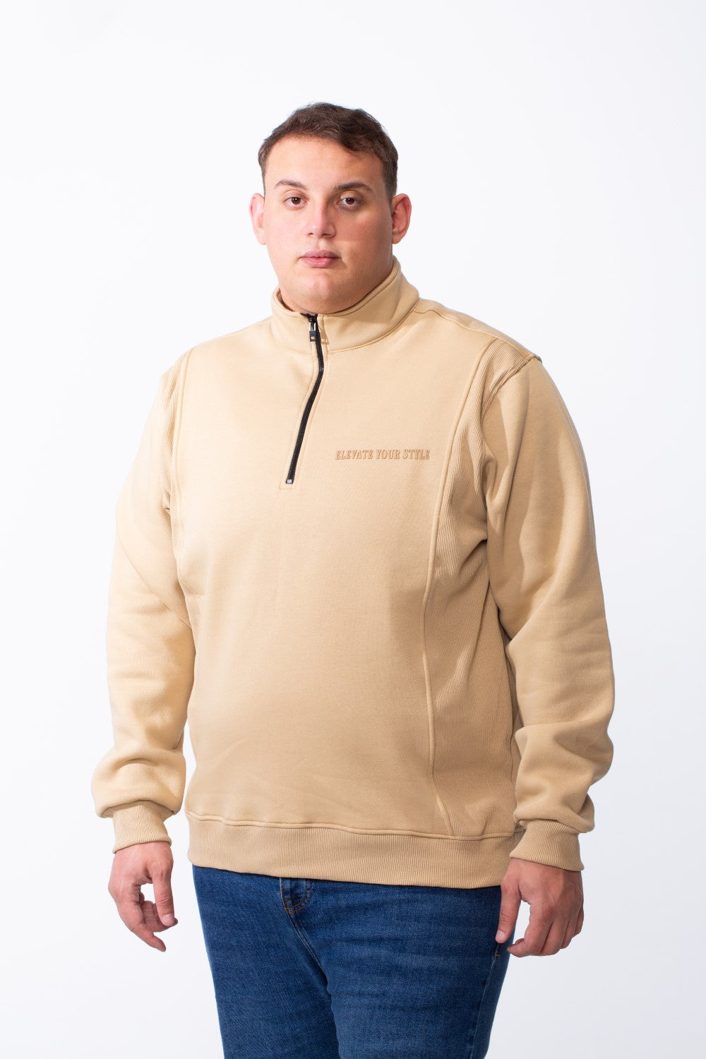 Men's Half Zip Big Size Back And Chest Text Print Melton Two Side Strip Sweatshirt