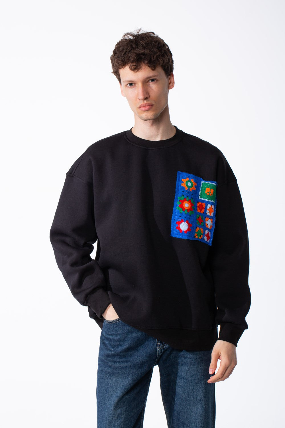 Men's Oversized Crewneck Melton Sweatshirt Handcrafted Crocheted Square Patch Classic Ribbed Trims Modern Streetwear