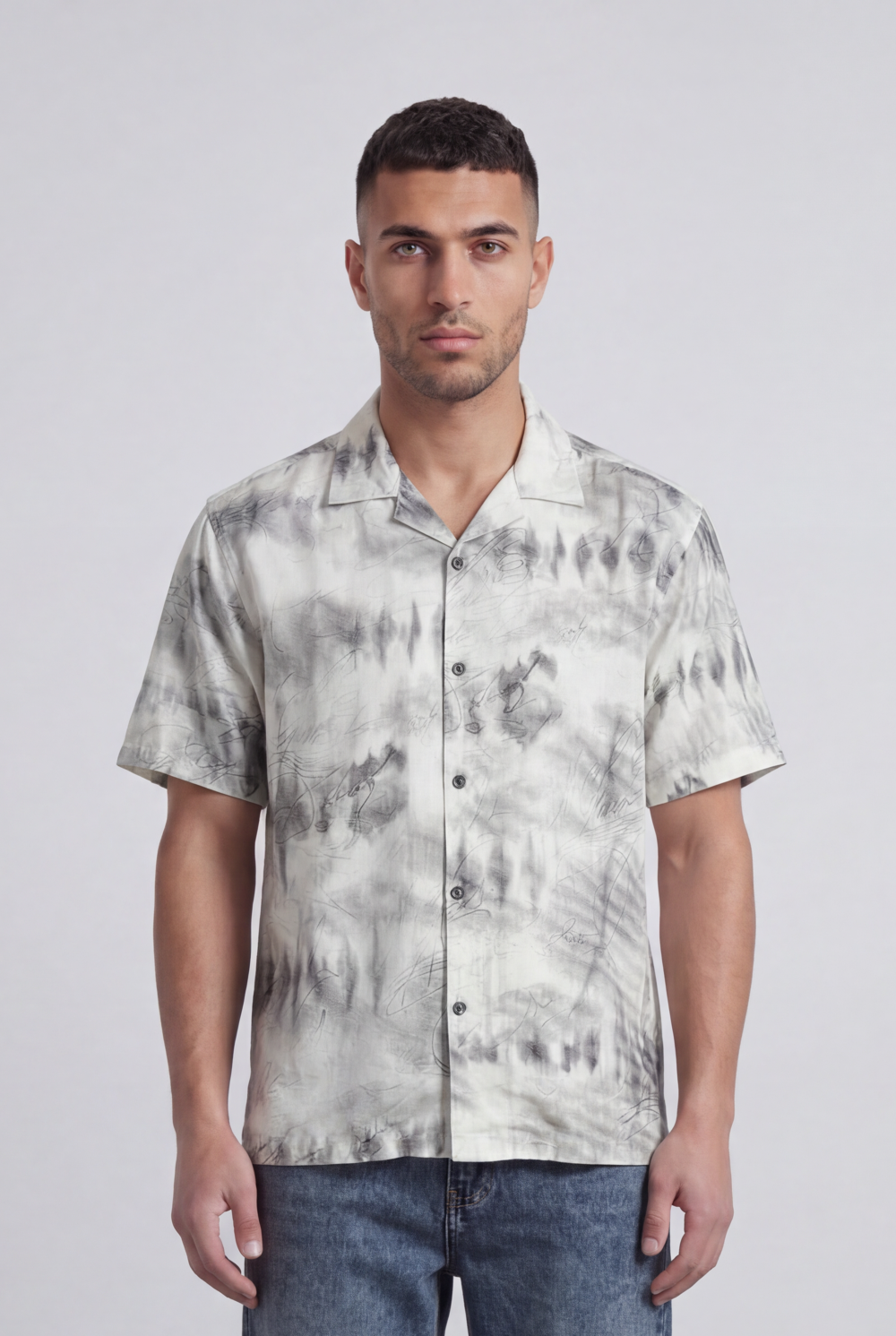 Men’s Tomato Store Allover Signature Script Print Camp Collar Shirt Regular Fit Button Front