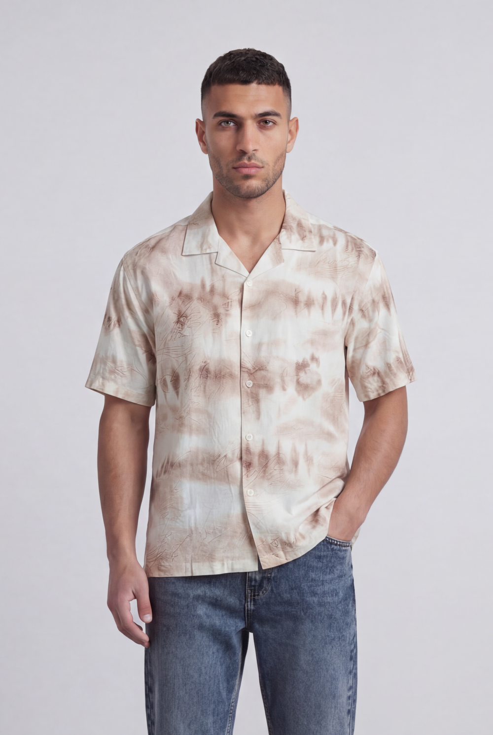 Men’s Tomato Store Allover Signature Script Print Camp Collar Shirt Regular Fit Button Front