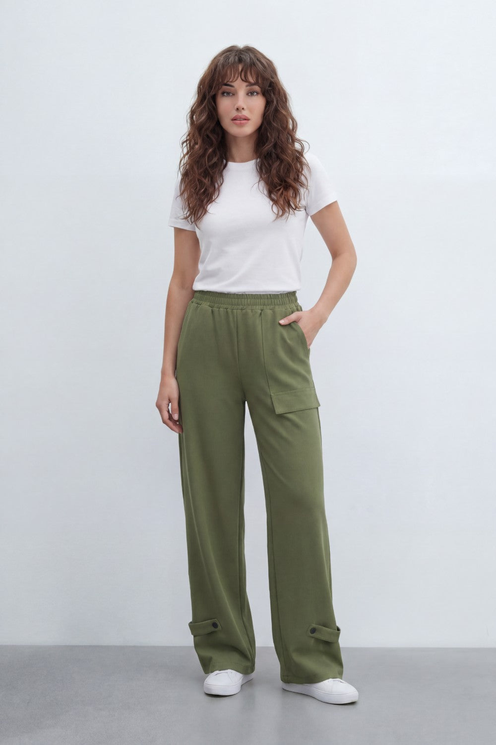 Women’s Tomato Store Utility Basic Pants With Smooth Solid Dye Surface Soft Twill Texture Elastic Waistband Side Pocket Cargo