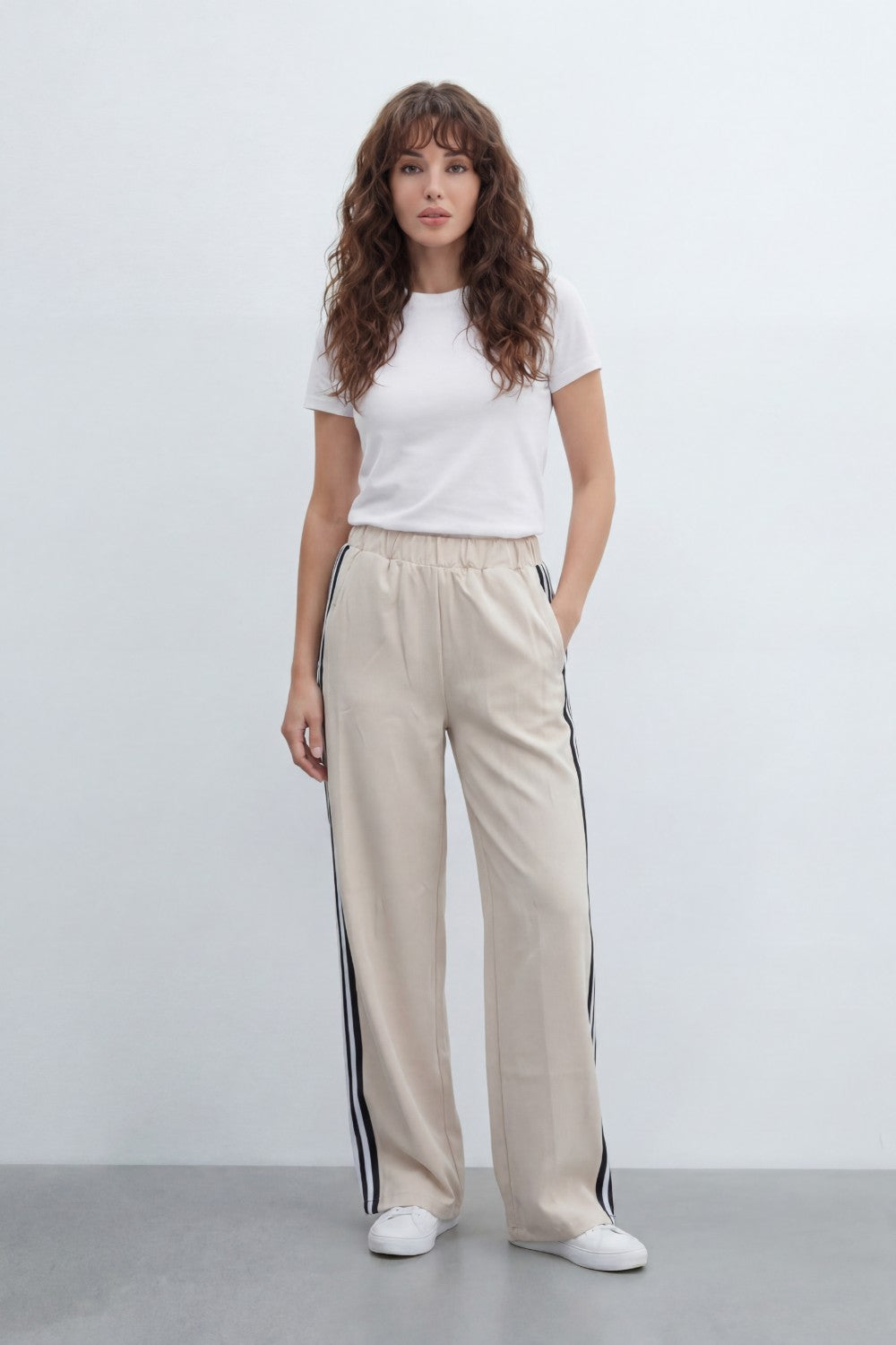 Women’s Tomato Store Side Stripe Sweatpants With Smooth Solid Surface Soft Draped Texture Contrast Side Tape