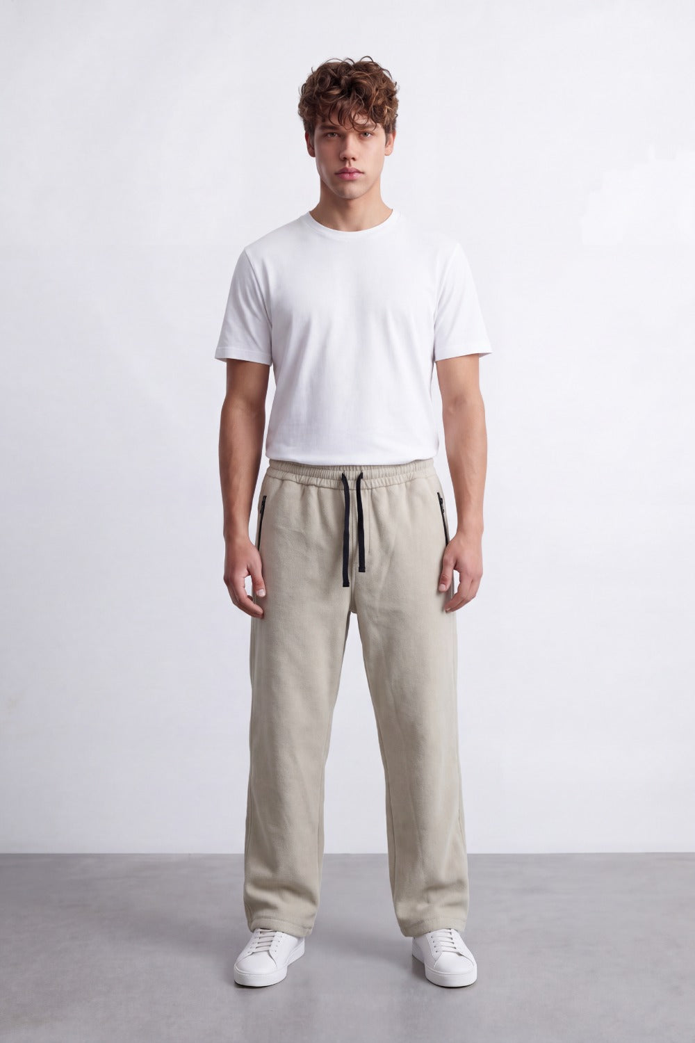 Men's Tomato Store Soft Twill Jogger Sweatpants Elastic Drawstring Waist Side Zip Pocket Detail Wide Leg