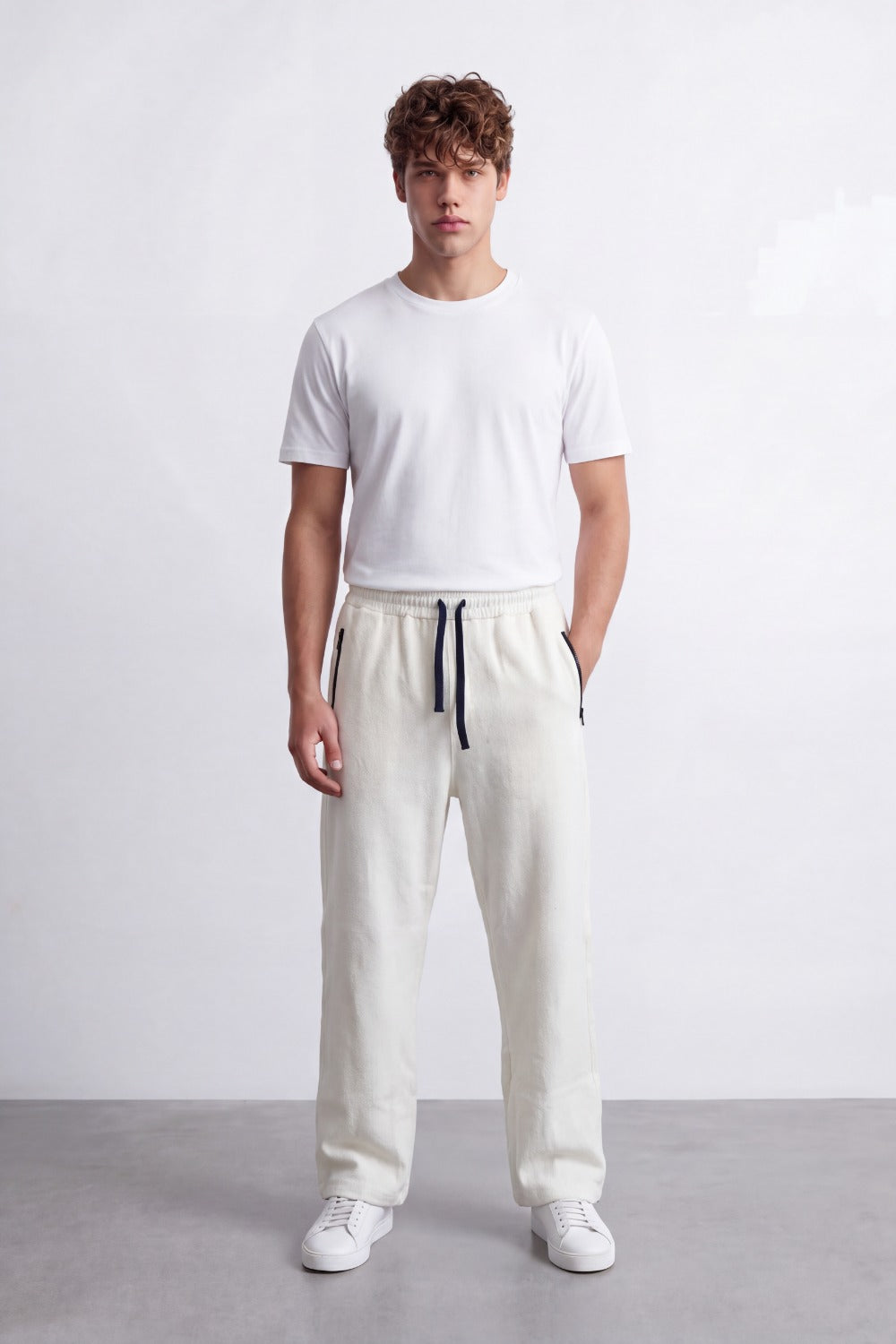 Men's Tomato Store Soft Twill Jogger Sweatpants Elastic Drawstring Waist Side Zip Pocket Detail Wide Leg