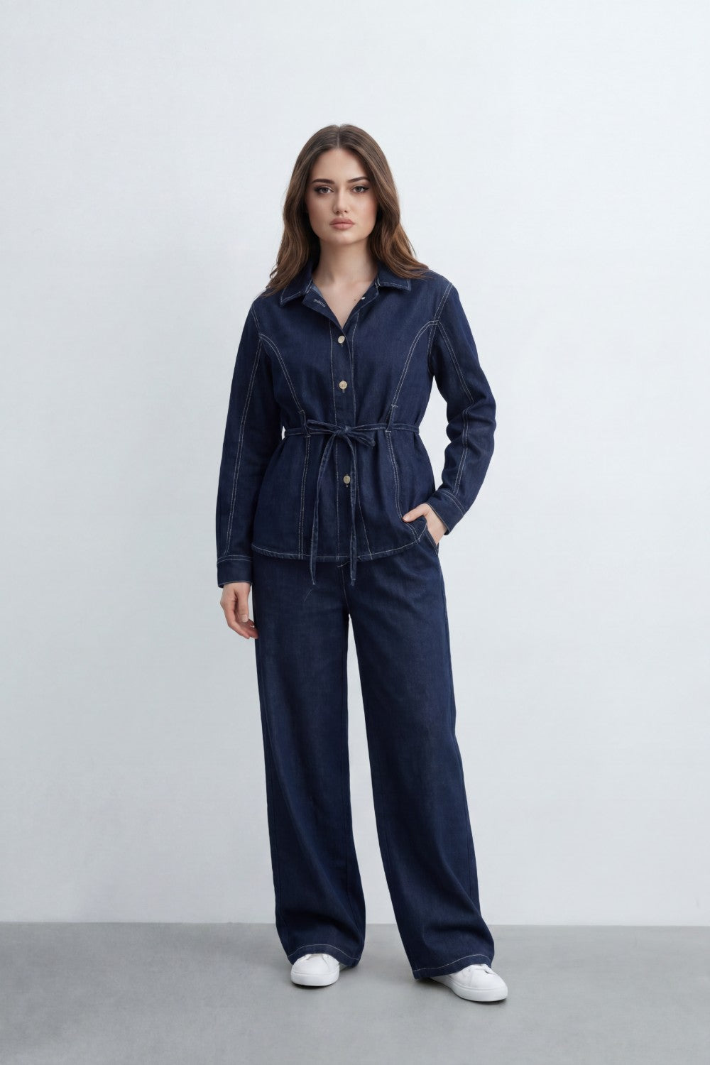 Women’s Tomato Store Denim Tie Waist Co-Ord Set With Washed Denim Texture Contrast Stitch Detailing Button Front Outfit