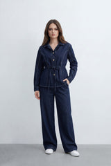 Women’s Tomato Store Denim Tie Waist Co-Ord Set With Washed Denim Texture Contrast Stitch Detailing Button Front Outfit