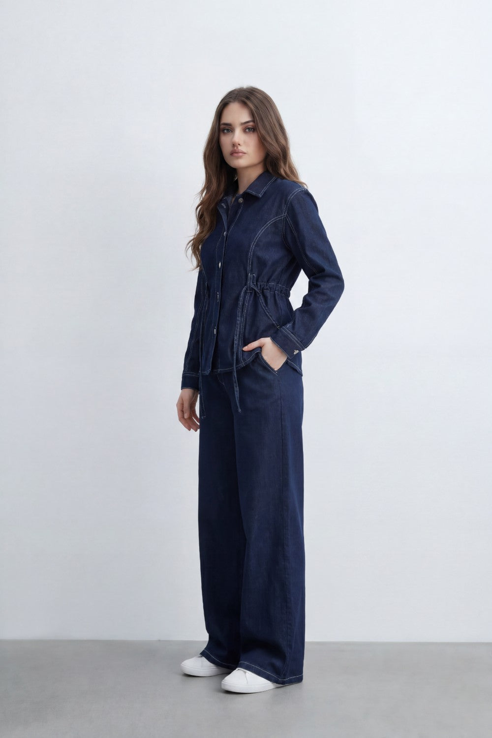 Women’s Tomato Store Denim Tie Waist Co-Ord Set With Washed Denim Texture Contrast Stitch Detailing Button Front Outfit
