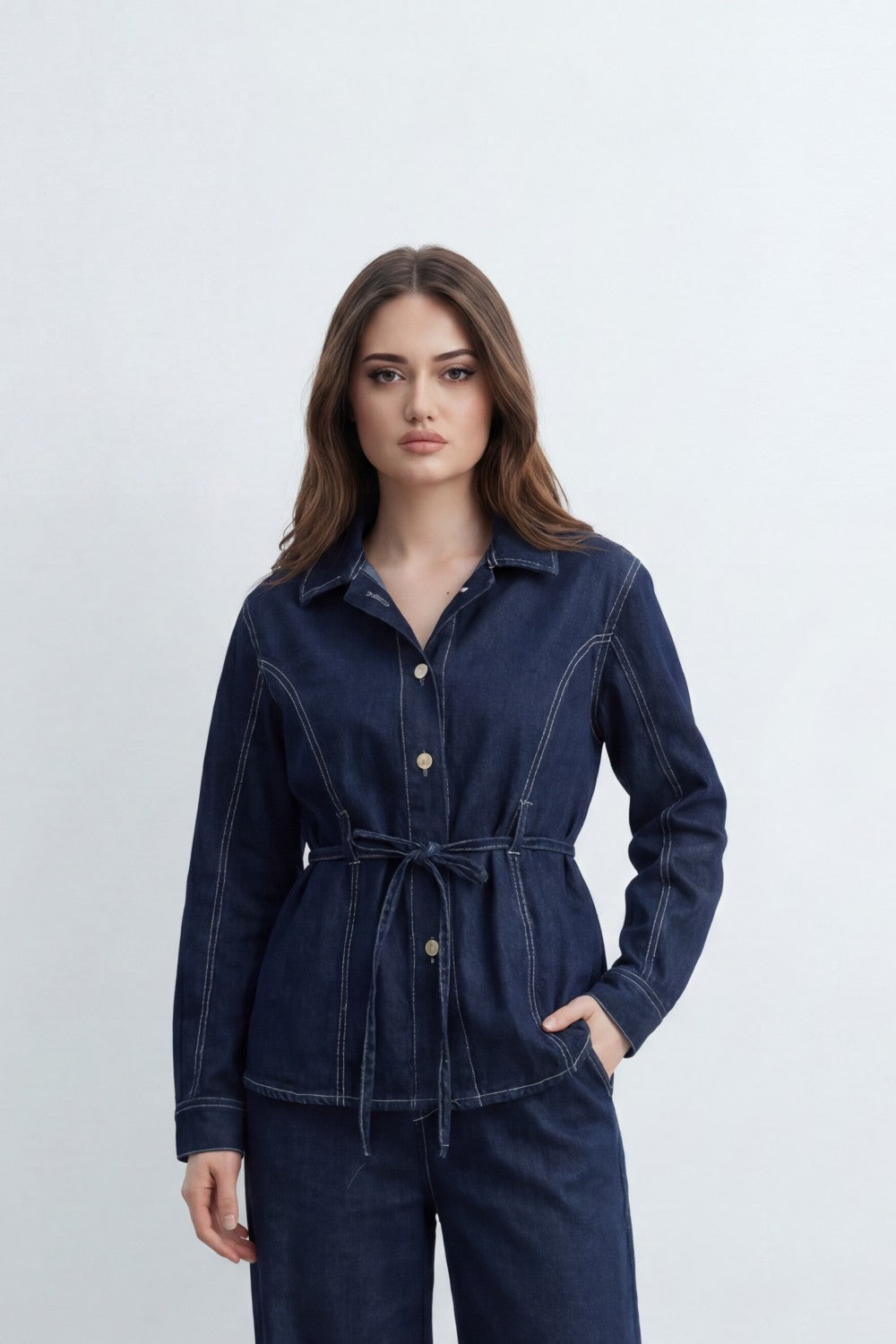 Women’s Tomato Store Denim Tie Waist Co-Ord Set With Washed Denim Texture Contrast Stitch Detailing Button Front Outfit