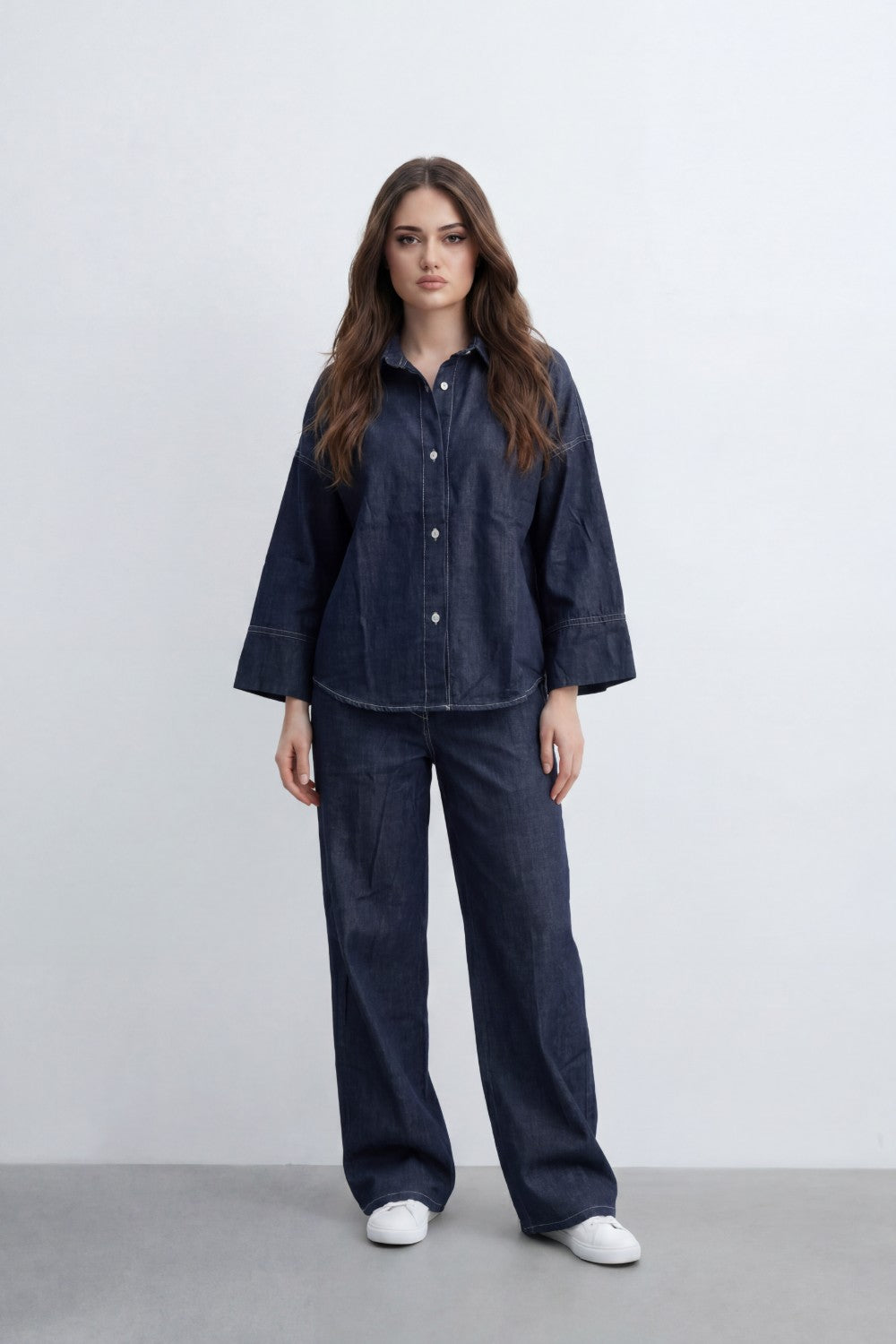 Women’s Tomato Store Soft Fade Chambray Set With Washed Denim Look Texture Subtle Slub Surface Wide Sleeves Outfit