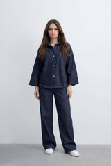 Women’s Tomato Store Soft Fade Chambray Set With Washed Denim Look Texture Subtle Slub Surface Wide Sleeves Outfit