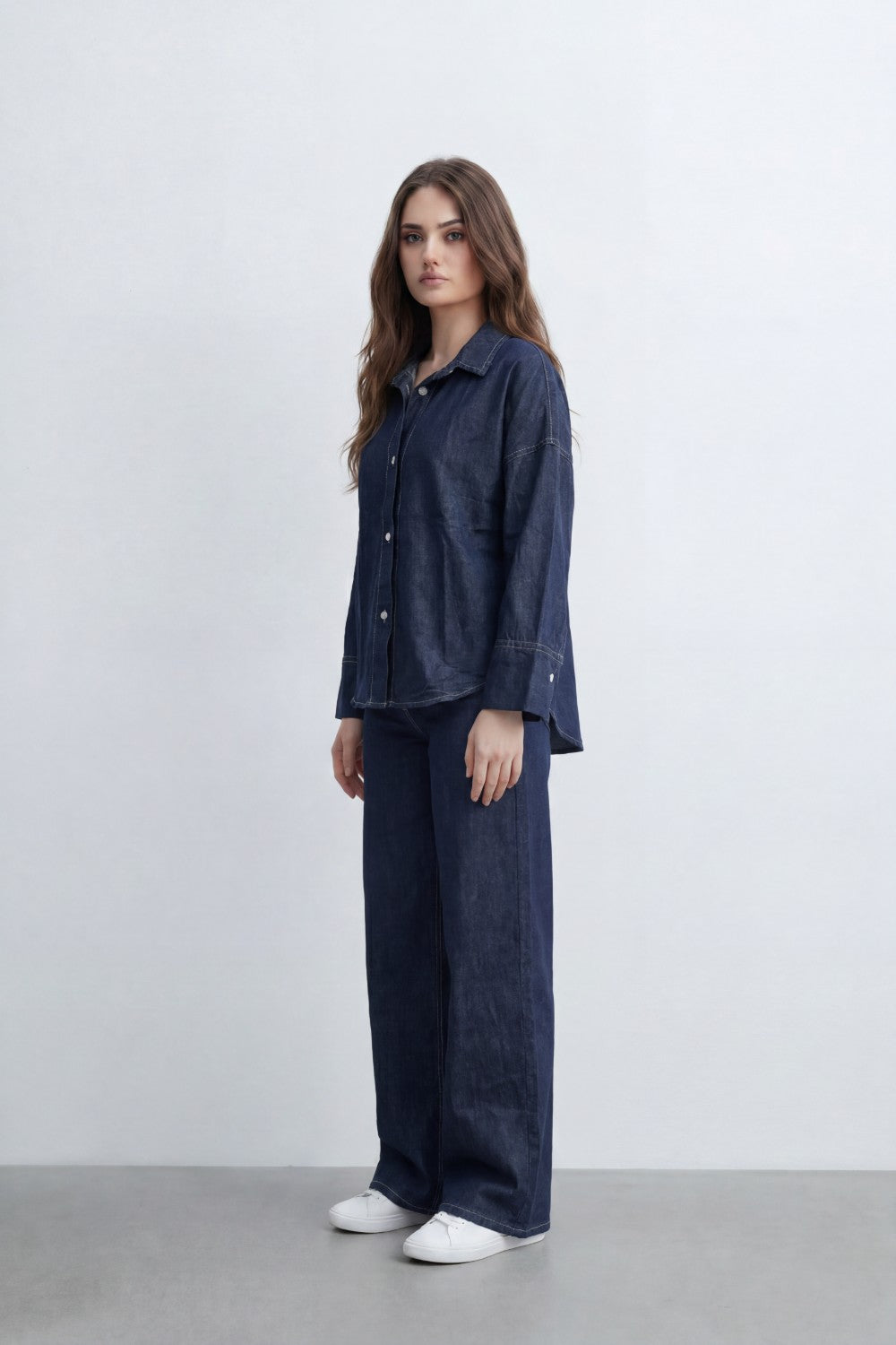 Women’s Tomato Store Soft Fade Chambray Set With Washed Denim Look Texture Subtle Slub Surface Wide Sleeves Outfit