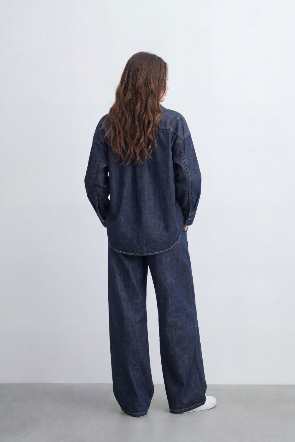 Women’s Tomato Store Soft Fade Chambray Set With Washed Denim Look Texture Subtle Slub Surface Wide Sleeves Outfit