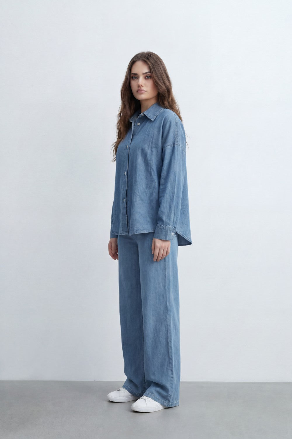 Women’s Tomato Store Soft Fade Chambray Set With Washed Denim Look Texture Subtle Slub Surface Wide Sleeves Outfit