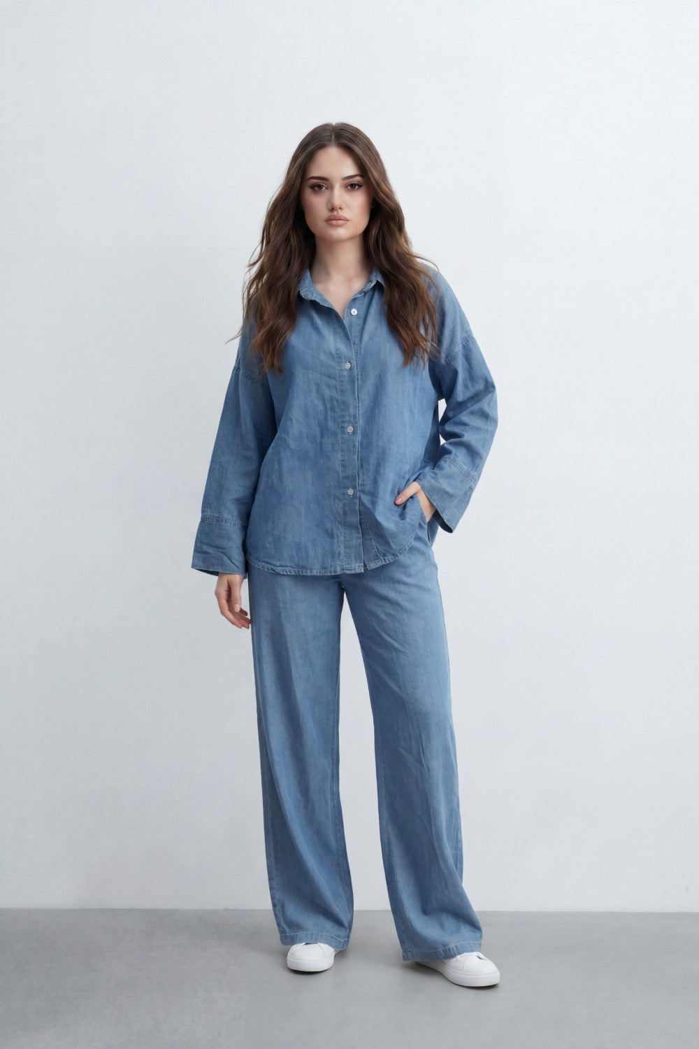 Women’s Tomato Store Soft Fade Chambray Set With Washed Denim Look Texture Subtle Slub Surface Wide Sleeves Outfit