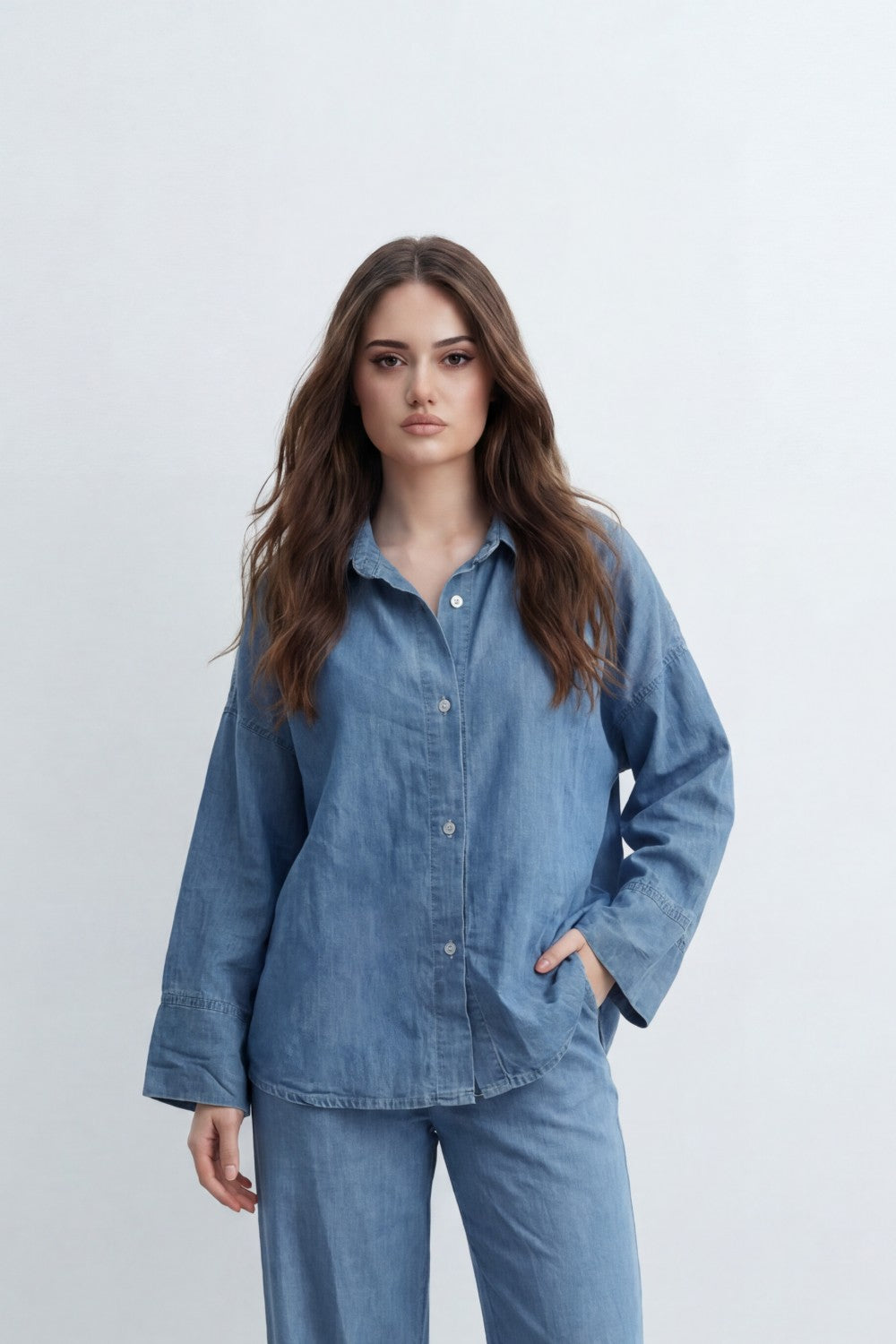 Women’s Tomato Store Soft Fade Chambray Set With Washed Denim Look Texture Subtle Slub Surface Wide Sleeves Outfit