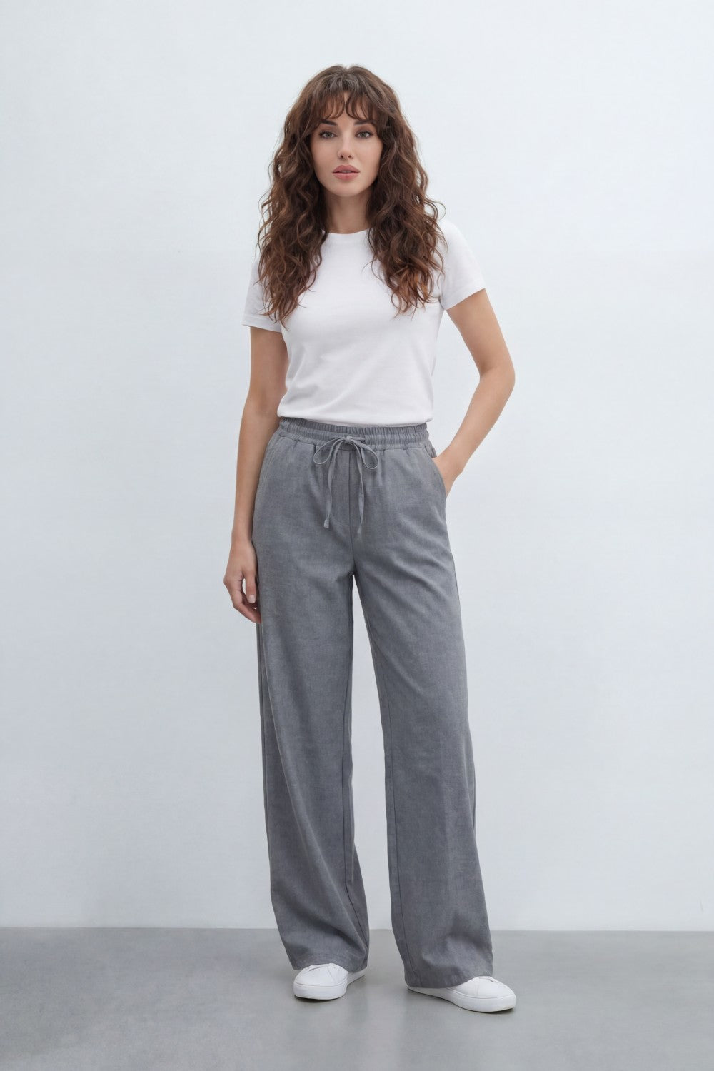 Women’s Tomato Store Breeze Drawcord Straight Pants With Linen Look Slub Texture Plain Washed Surface