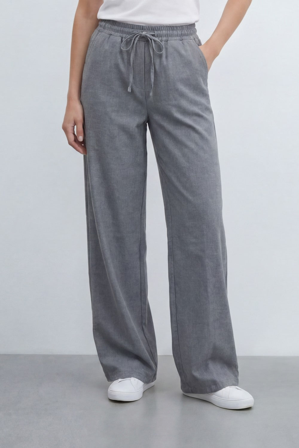 Women’s Tomato Store Breeze Drawcord Straight Pants With Linen Look Slub Texture Plain Washed Surface