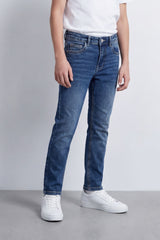 Boy's Tomato Store Mid-Wash Denim Jeans Subtle Whisker Fade Classic Five-Pocket Design Slim Fit