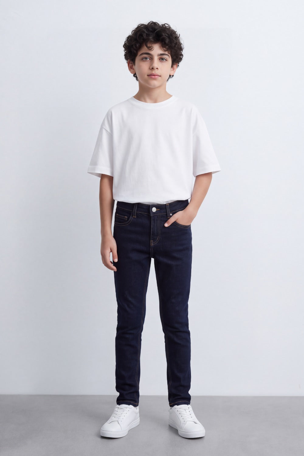 Boy's Tomato Store Mid-Wash Denim Jeans Subtle Whisker Fade Classic Five-Pocket Design Slim Fit