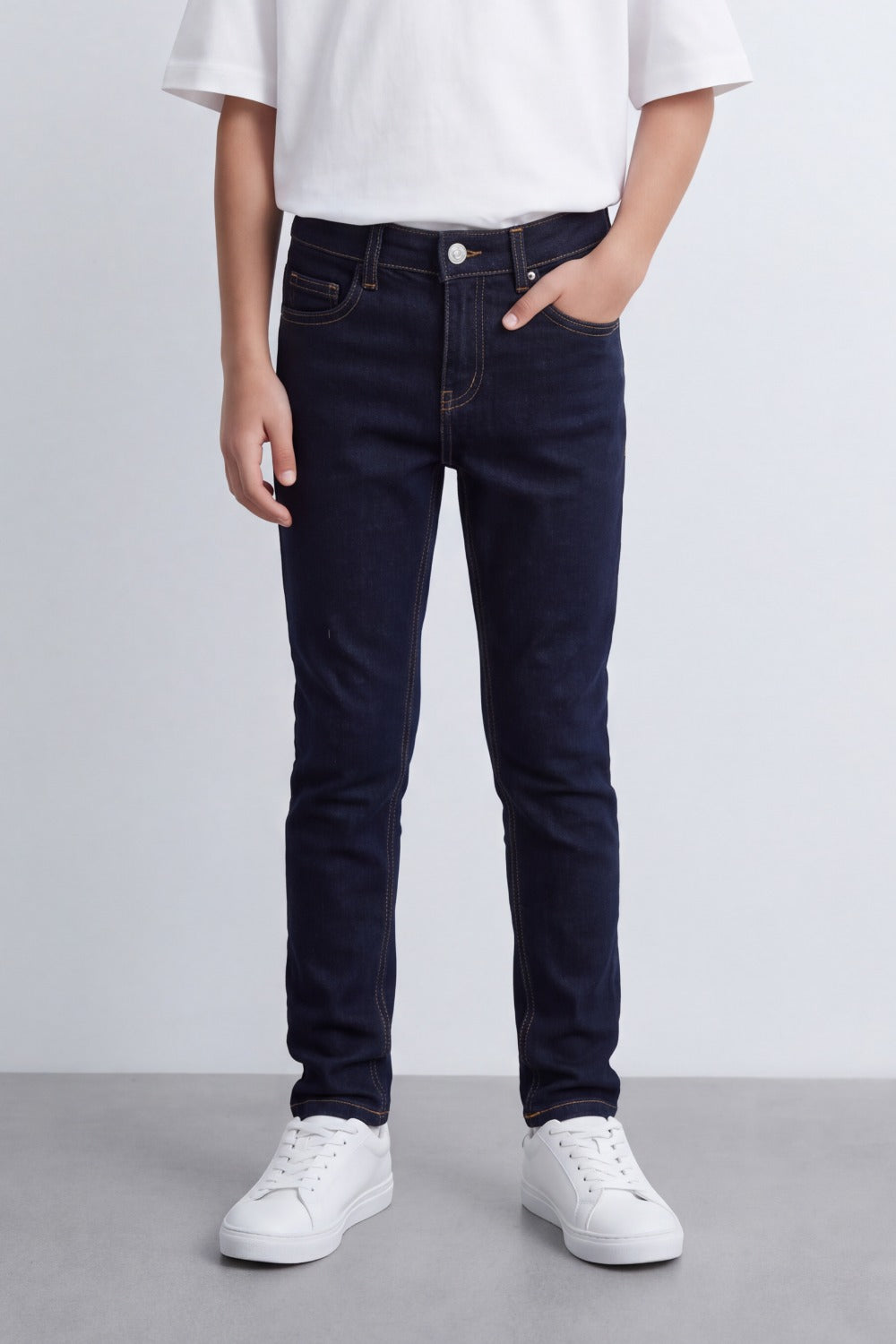 Boy's Tomato Store Mid-Wash Denim Jeans Subtle Whisker Fade Classic Five-Pocket Design Slim Fit