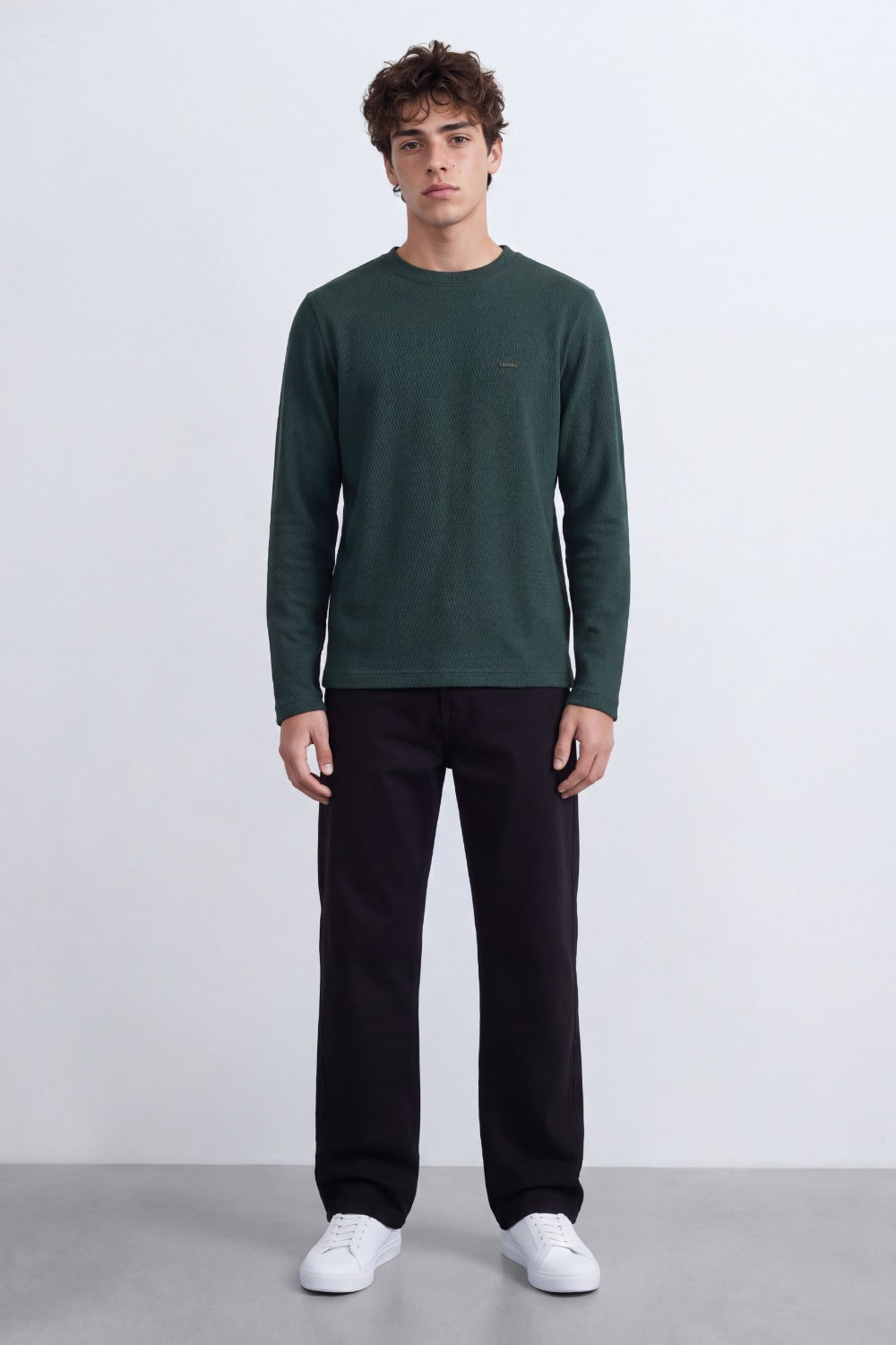 Men's Tomato Store Textured Waffle Knit Long Sleeve Top Minimal Chest Detail Crew Neck T-Shirt