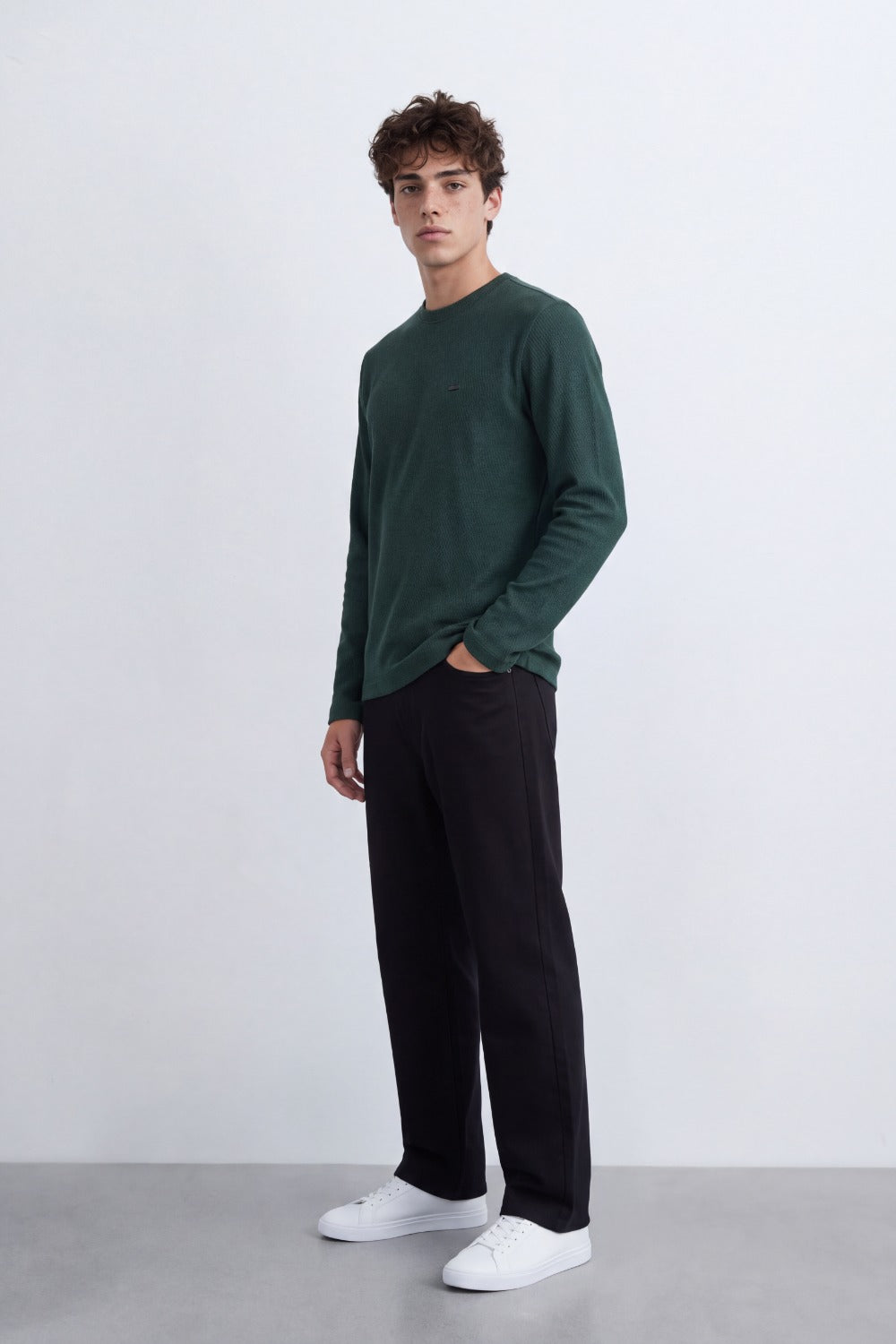 Men's Tomato Store Textured Waffle Knit Long Sleeve Top Minimal Chest Detail Crew Neck T-Shirt