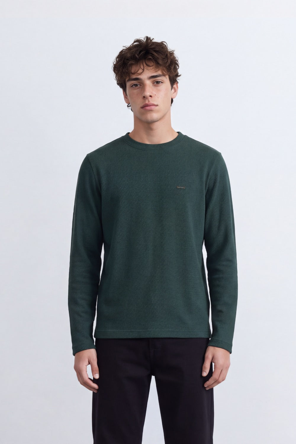 Men's Tomato Store Textured Waffle Knit Long Sleeve Top Minimal Chest Detail Crew Neck T-Shirt